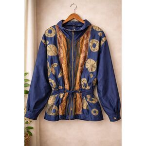 Vintage 80s Silk Windbreaker Jacket Abstract Print Blue Gold Lightweight M Retro